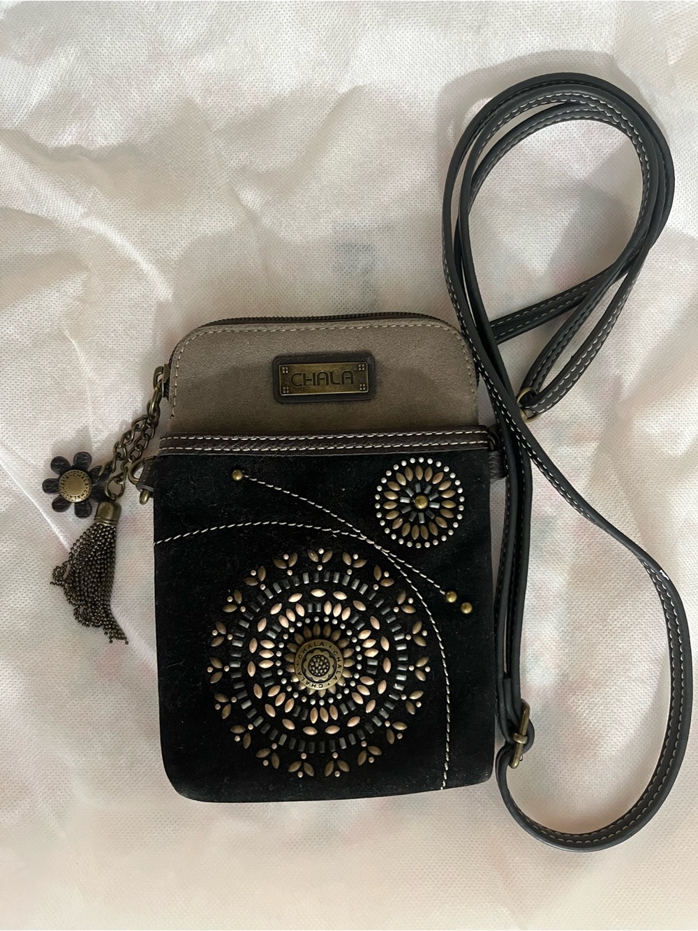 Chala Black and Gray Suede Crossbody with Floral Stud Medallions